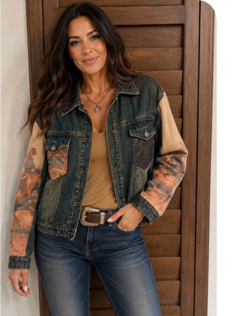 Two-Tone Green Denim Jacket with Washed Brown Sleeves